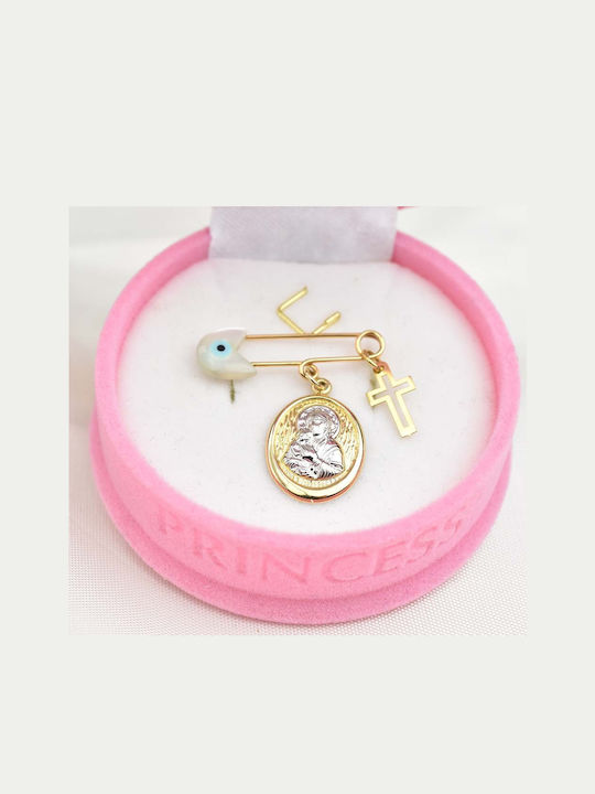 Goldjewels Child Safety Pin made of Gold and White Gold 9K with Cross and Icon of the Virgin Mary