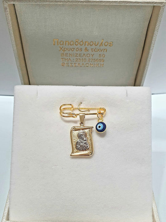 Papadopoulos Gold Kinder Sicherheitsnadel aus Gold und Weißgold 14K mit Bild der Jungfrau Maria