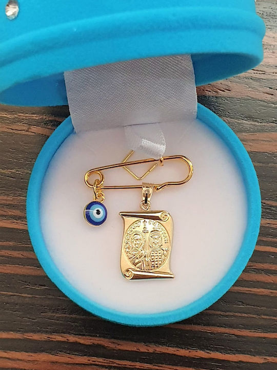 Papadopoulos Gold Kinder Sicherheitsnadel aus Gold und Weißgold 9K mit Bild der Jungfrau Maria