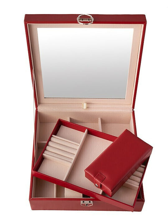 CX7191 Jewellery Box with Drawer and Mirror Red 25x25x8.5cm