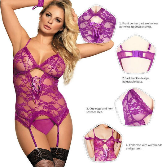 Lace Sexy Σετ Εσωρούχων με Δαντέλα & Ζαρτιέρες Μωβ
