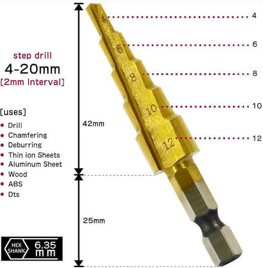 Set of 3 Conical Drills Titanium with Hexagonal Shank for Metal 12-32mm