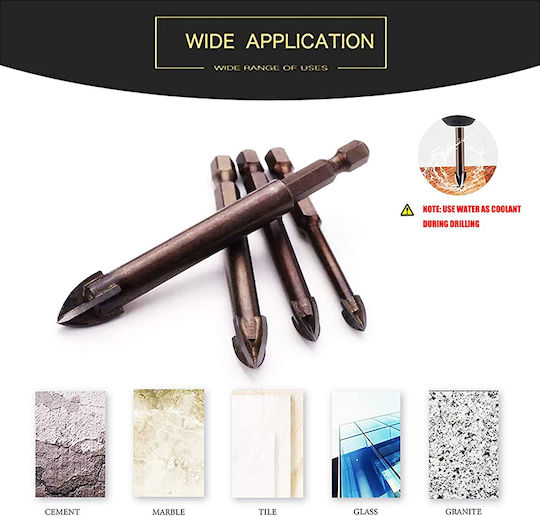 SKS Tools Σετ 7 Τετράκοπα Τρυπάνια Καρβιδίου με Εξάγωνο Στέλεχος για Γυαλί, Πλακίδια και Δομικά Υλικά