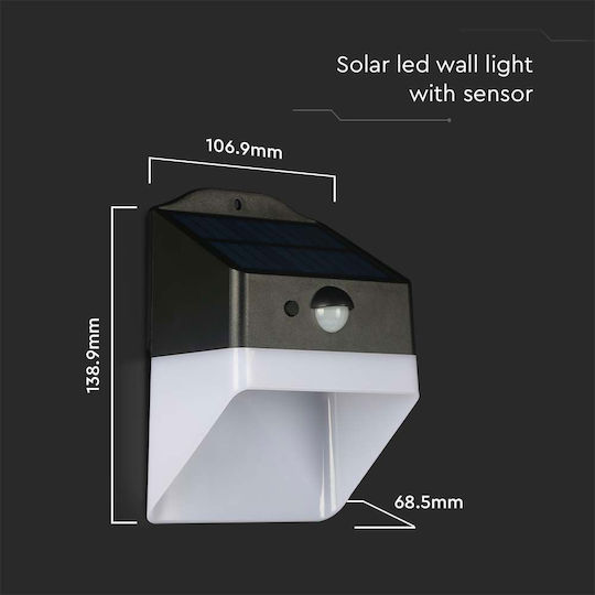 V-TAC Grădină Led Montat pe perete Lampă Solară 2W 200lm Alb Natural 4000K cu Senzor de Mișcare IP65 13.89bucx6.85bucx10.69buccm
