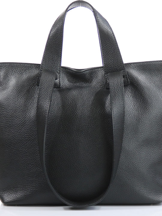 Passaggio Leather Δερμάτινη Γυναικεία Τσάντα Shopper Ώμου Μαύρη