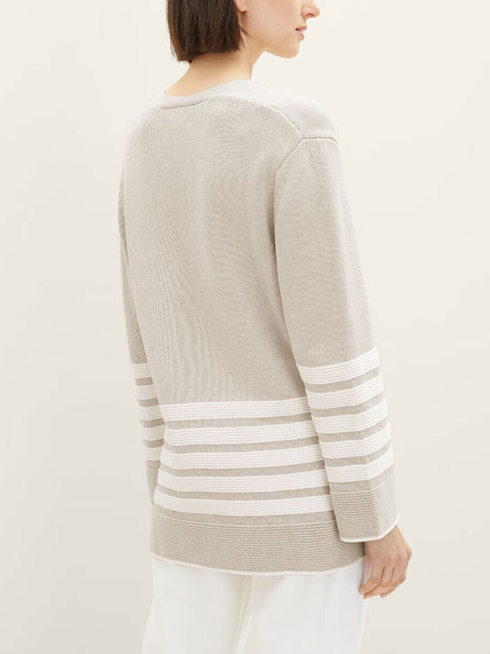 Tom Tailor Women's Long Sleeve Sweater Cotton with V Neckline Striped Beige