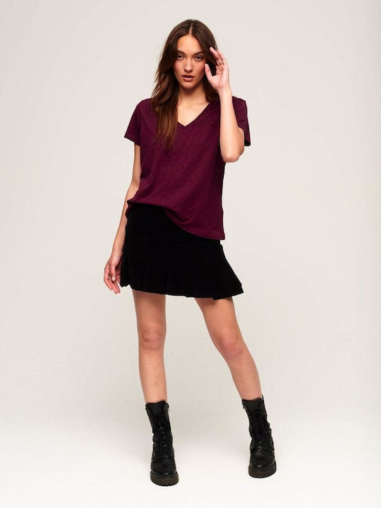 Superdry Studios Slub Women's Blouse Cotton Short Sleeve Burgundy