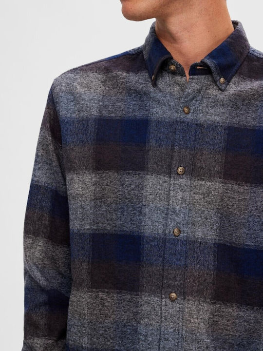 Selected Men's Shirt Long Sleeve Flannel Checked Blue