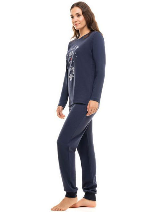 Cherry Winter Damen Pyjama-Set Baumwolle Blau