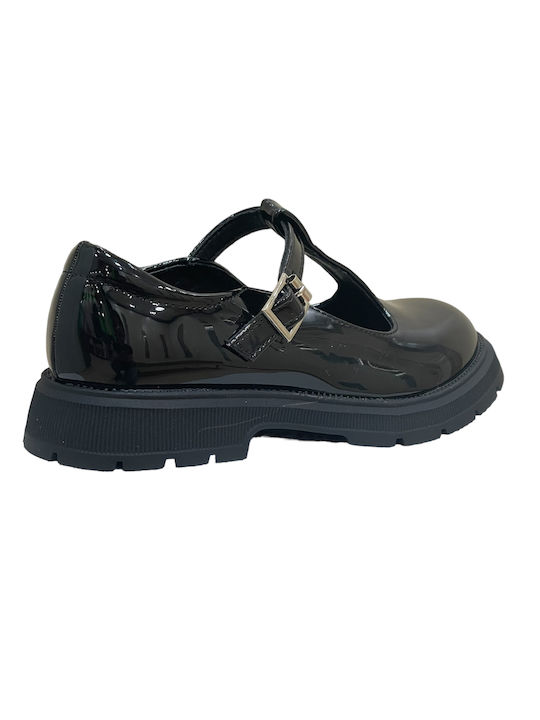 Kids Patent Leather Ballerinas with Adjustable Metal Clasp Black