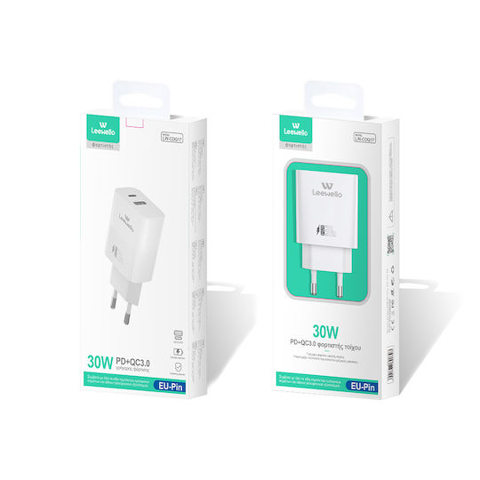 Leewello Încărcător Fără Cablu cu Port USB-A și Port USB-C 30W Albς (CDQ17)