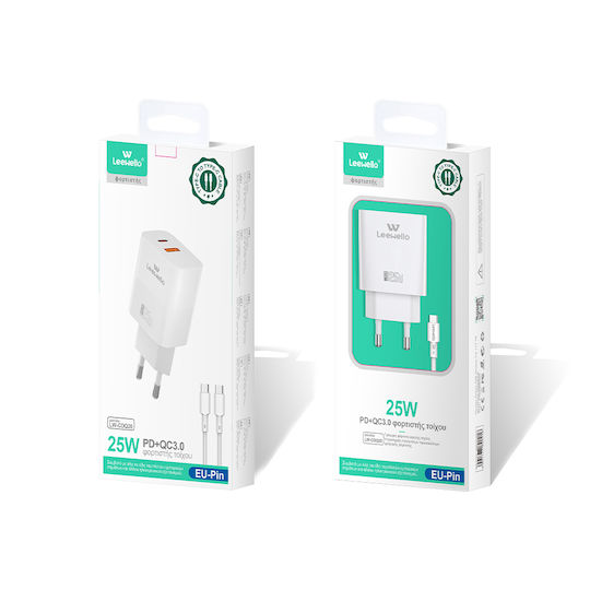 Leewello с USB-A порт и USB-C порт и кабел USB-C 25W Power Delivery / Quick Charge 3.0 Бял (CDQ20)