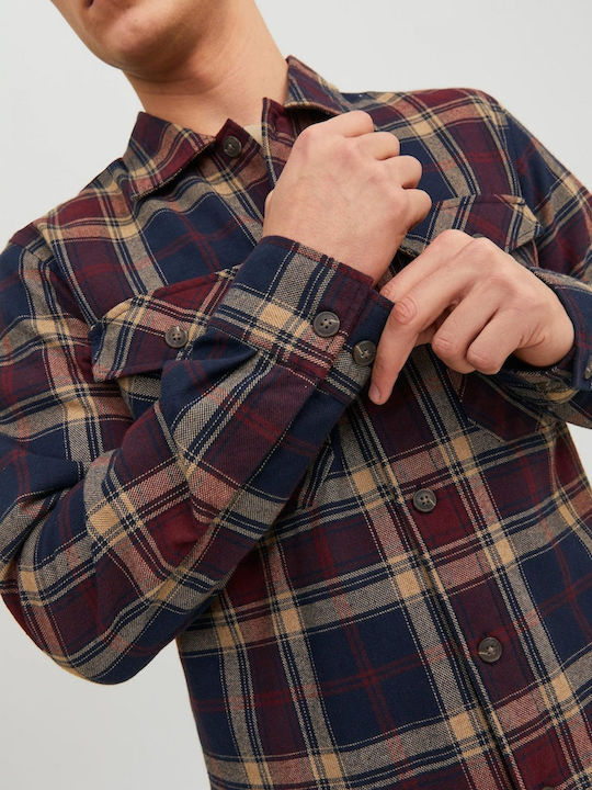 Long Sleeve Flannel Overshirt Regular Fit Checked Burgundy