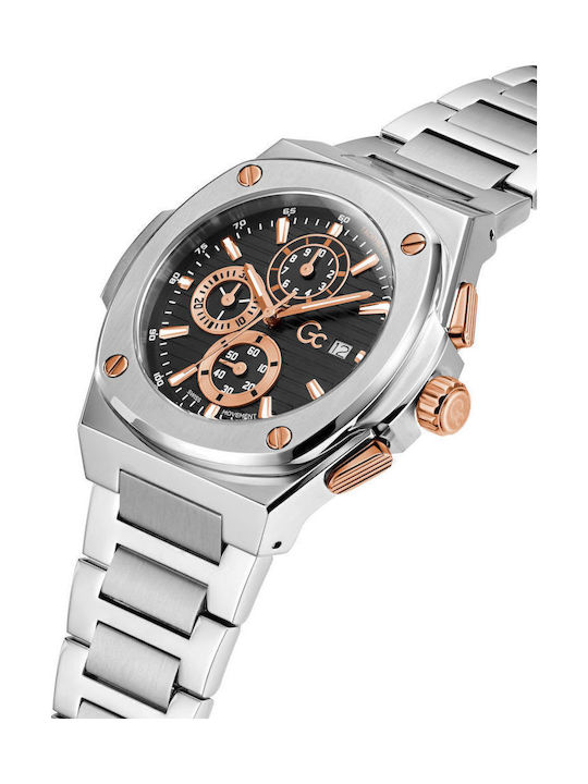 GC Watches Ανδρικό Ρολόι 44mm Χρονογράφος Μπαταρίας με Ασημί Μεταλλικό Μπρασελέ