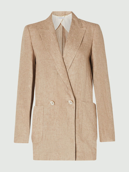 Marella Meteora Linen Blazer Μακρύ Γυναικείο Σταυρωτό Σακάκι Μπεζ