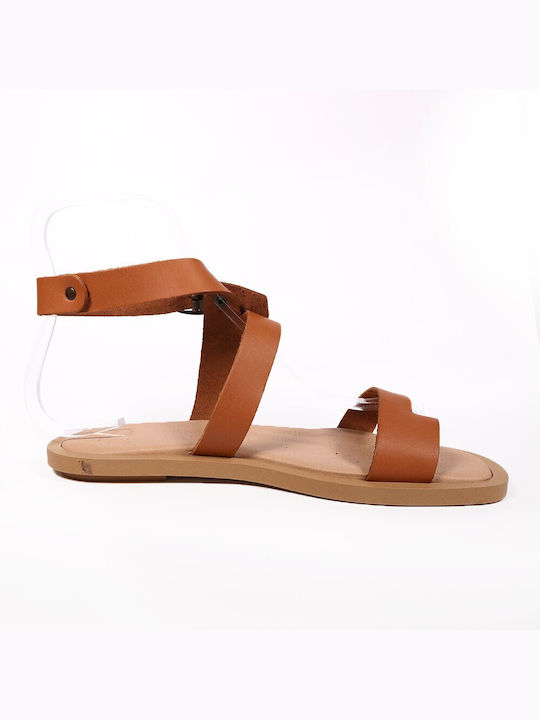 Comfort Way Shoes Leather Women's Flat Sandals in Tabac Brown Color