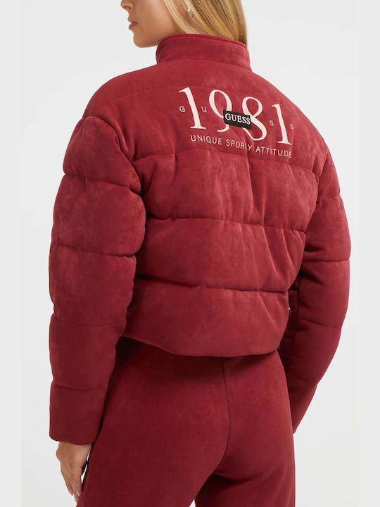 Guess Women's Short Puffer Jacket for Winter Burgundy