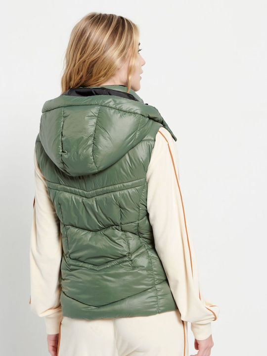 Women's Short Puffer Jacket for Winter with Hood Green