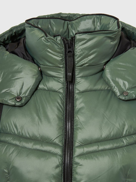 Women's Short Puffer Jacket for Winter with Hood Green