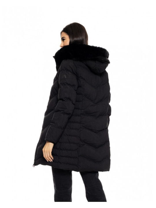 Women's Long Puffer Jacket for Winter with Hood Black