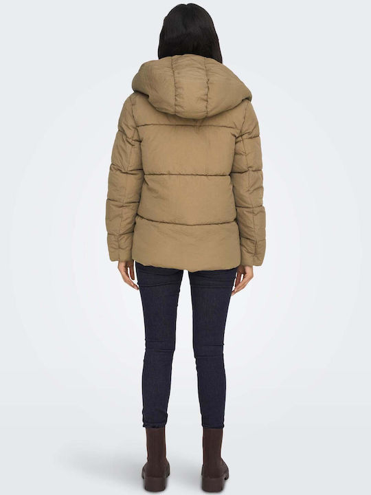 Only Women's Short Puffer Jacket for Winter with Hood Brown