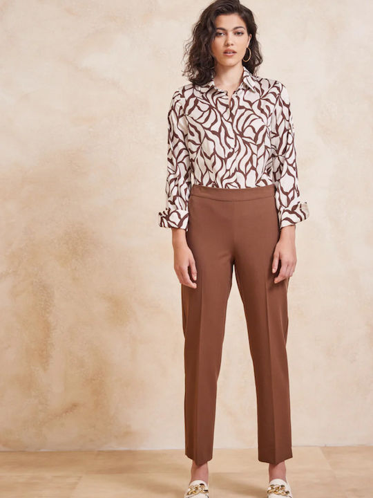 Enzzo Women's Fabric Trousers with Elastic in Straight Line Tabac Brownc Brown