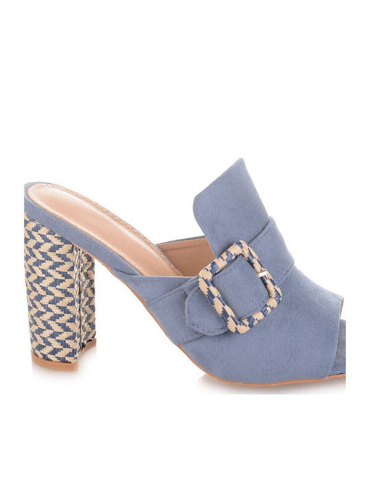 Suede Mules με Χοντρό Ψηλό Τακούνι σε Μπλε Χρώμα