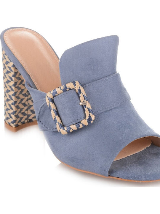 Suede Mules με Χοντρό Ψηλό Τακούνι σε Μπλε Χρώμα