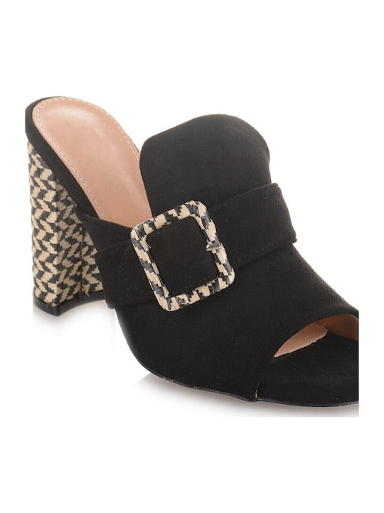 Suede Mules με Χοντρό Ψηλό Τακούνι σε Μαύρο Χρώμα