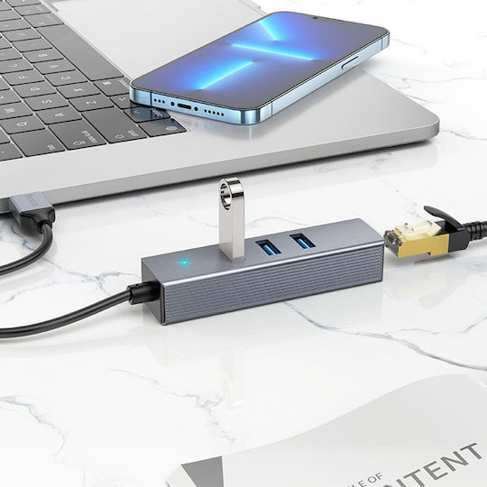 Hoco Easy Link Hb34 USB Хъб с 3 USB 3.0 Порта и USB-A / Ethernet Сив