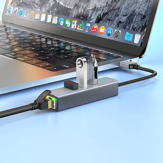 Hoco Easy Link Hb34 USB Хъб с 3 USB 3.0 Порта и USB-A / Ethernet Сив
