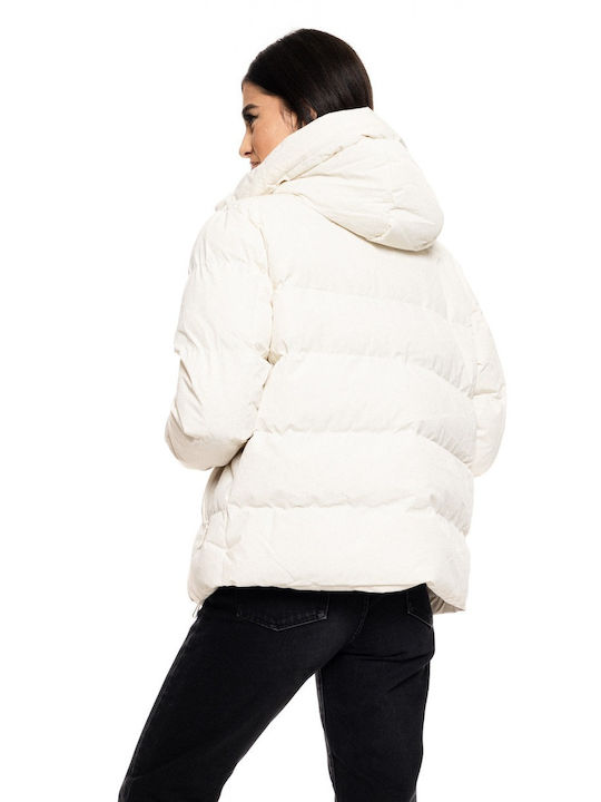 Biston Women's Short Puffer Jacket for Winter with Hood White