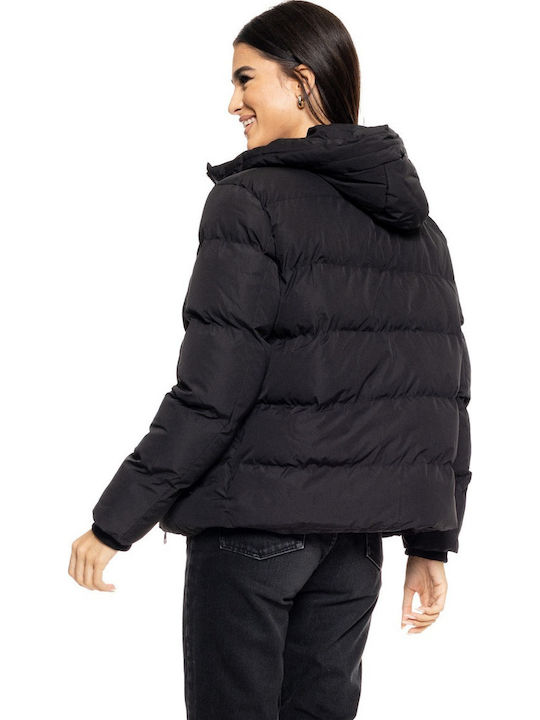 Women's Short Puffer Jacket for Winter with Hood Black