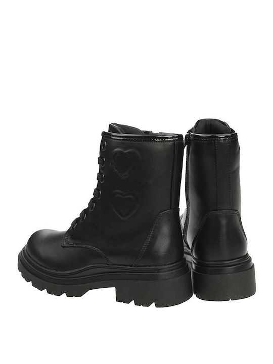 Asso Kids PU Leather Military Boots with Lace Black