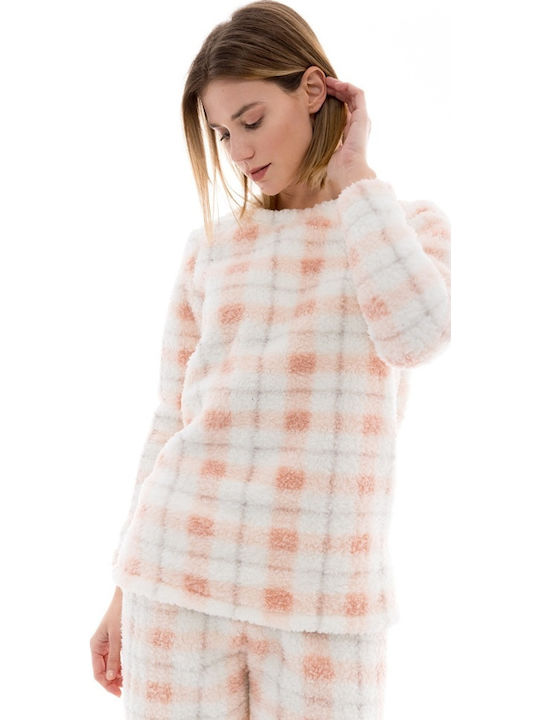 Pink Label Χειμερινό Γυναικείο Σετ Πιτζάμας Fleece Λευκό