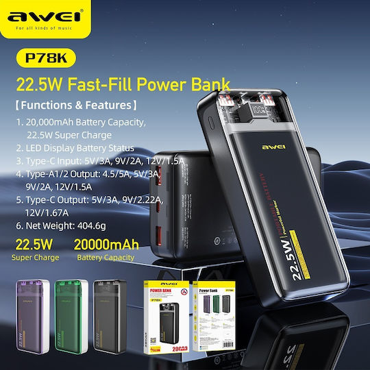 Awei P78K Power Bank 20000mAh 22.5W Μαύρο