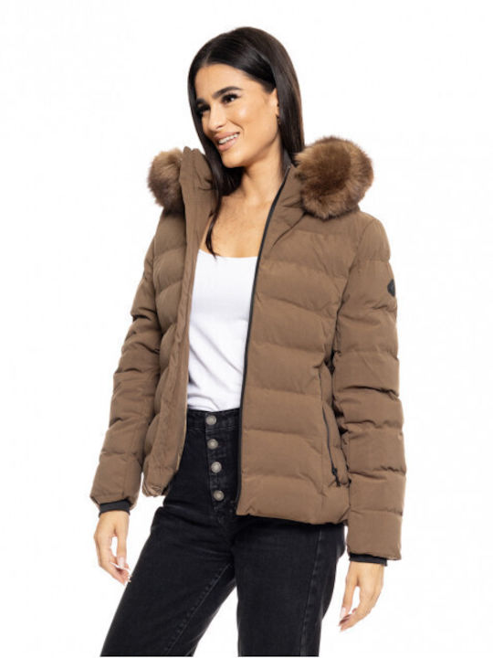 Biston Women's Short Puffer Jacket for Winter with Detachable Hood Khaki
