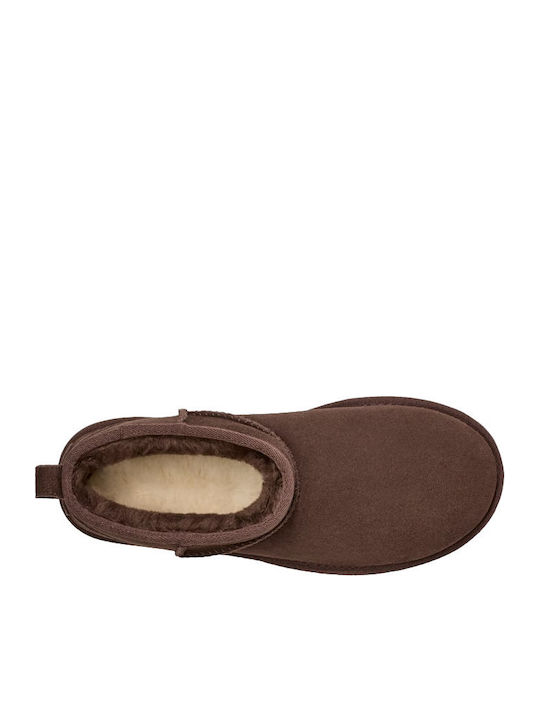 Classic Ultra Mini Platform Suede Women's Ankle Boots with Fur Chocolate Brown