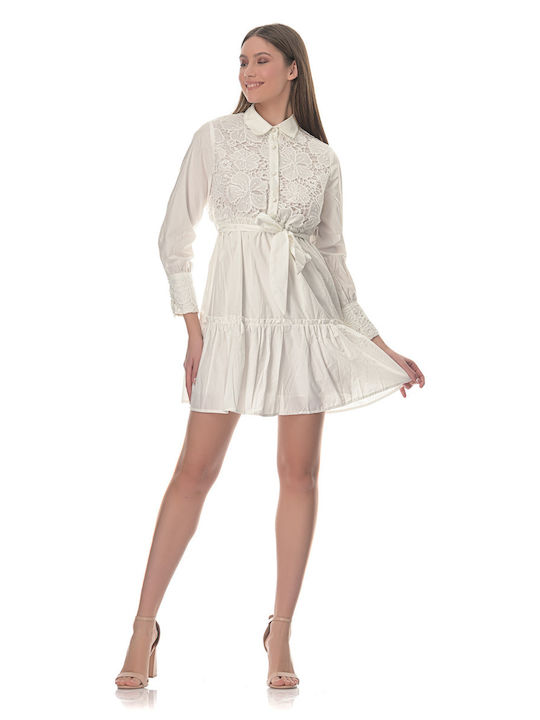 Occult Mini Shirt Dress Dress with Ruffle White