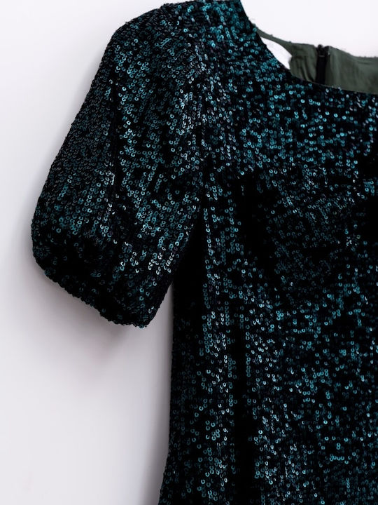 Children's Dress Short Sleeve with Sequins Green