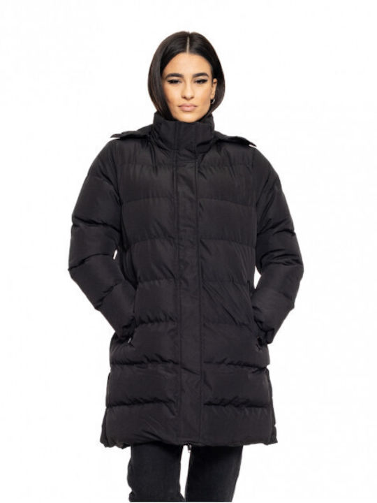 Biston Women's Long Puffer Jacket for Winter with Hood Black