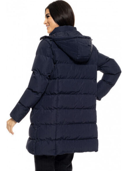 Women's Long Puffer Jacket for Winter with Hood Navy Blue
