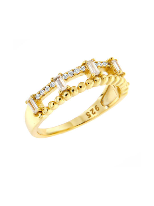 Silver Gold Plated 925 Ring with White Zircon Stones Round and Rectangular in Cut BAUGETTE ASZ-22069Y