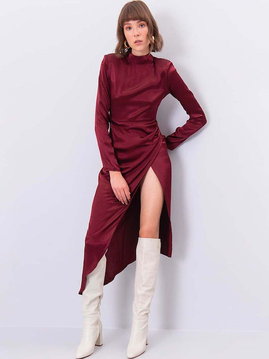 Zoe Midi Βραδινό Φόρεμα με Σκίσιμο Μπορντό