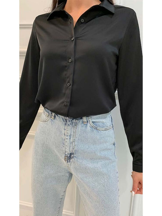 Langärmelig Damen Satin,σατεν Hemd Schwarz Monochrom