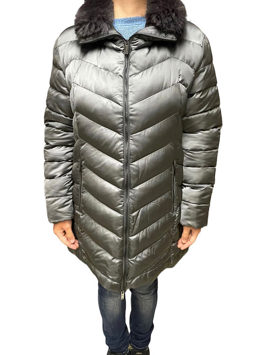 Lang Damen Parka Jacke mit pelziger Kapuze für Winter Gray