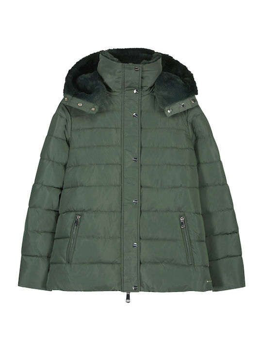 Women's Short Puffer Jacket for Winter with Detachable Hood Khaki