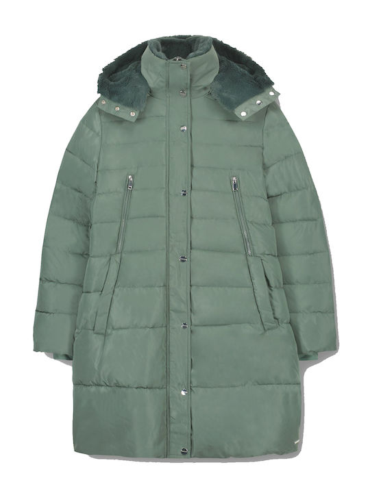 Sunday Μακρύ Γυναικείο Puffer Μπουφάν για Χειμώνα Χακί