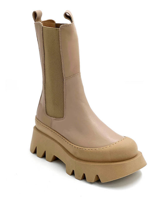 Favela Leder Damenstiefel mit Gummizug Beige