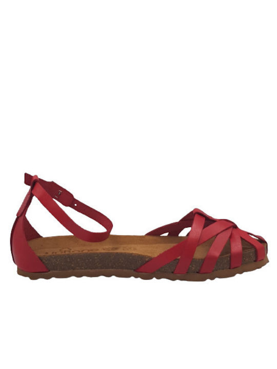 Yokono Casual Leather Women's Flat Sandals Anatomic with Strap in Red Color